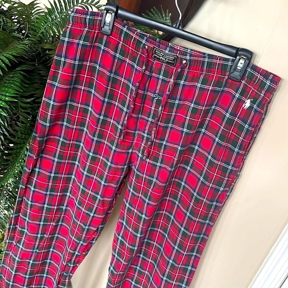 Polo Ralph Lauren Red Plaid 100% Cotton Pajama Sleep Pants Stretch Waist Pony